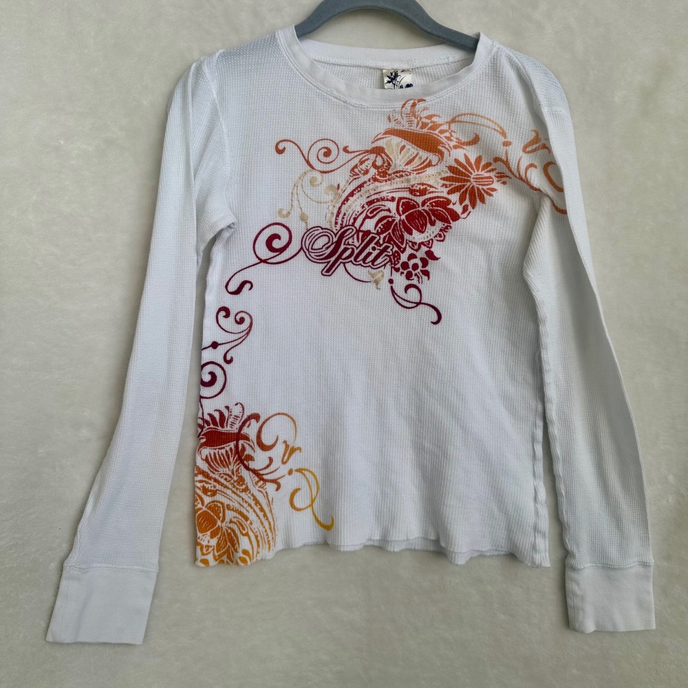 Split Waffle Knit Thermal Long Sleeve Top Size Large Women's Base Layer Y2K